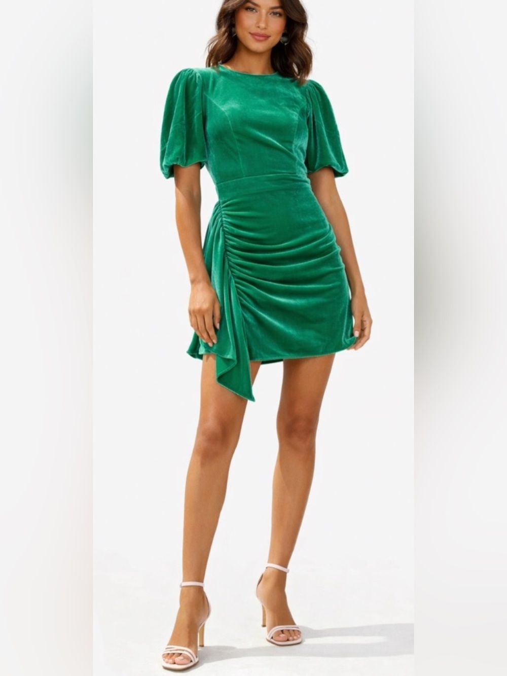 RHODE Sz 6 Pia Emerald Green Velvet Ruched Ruffle Mini Dress Orig$450 Exc Cond